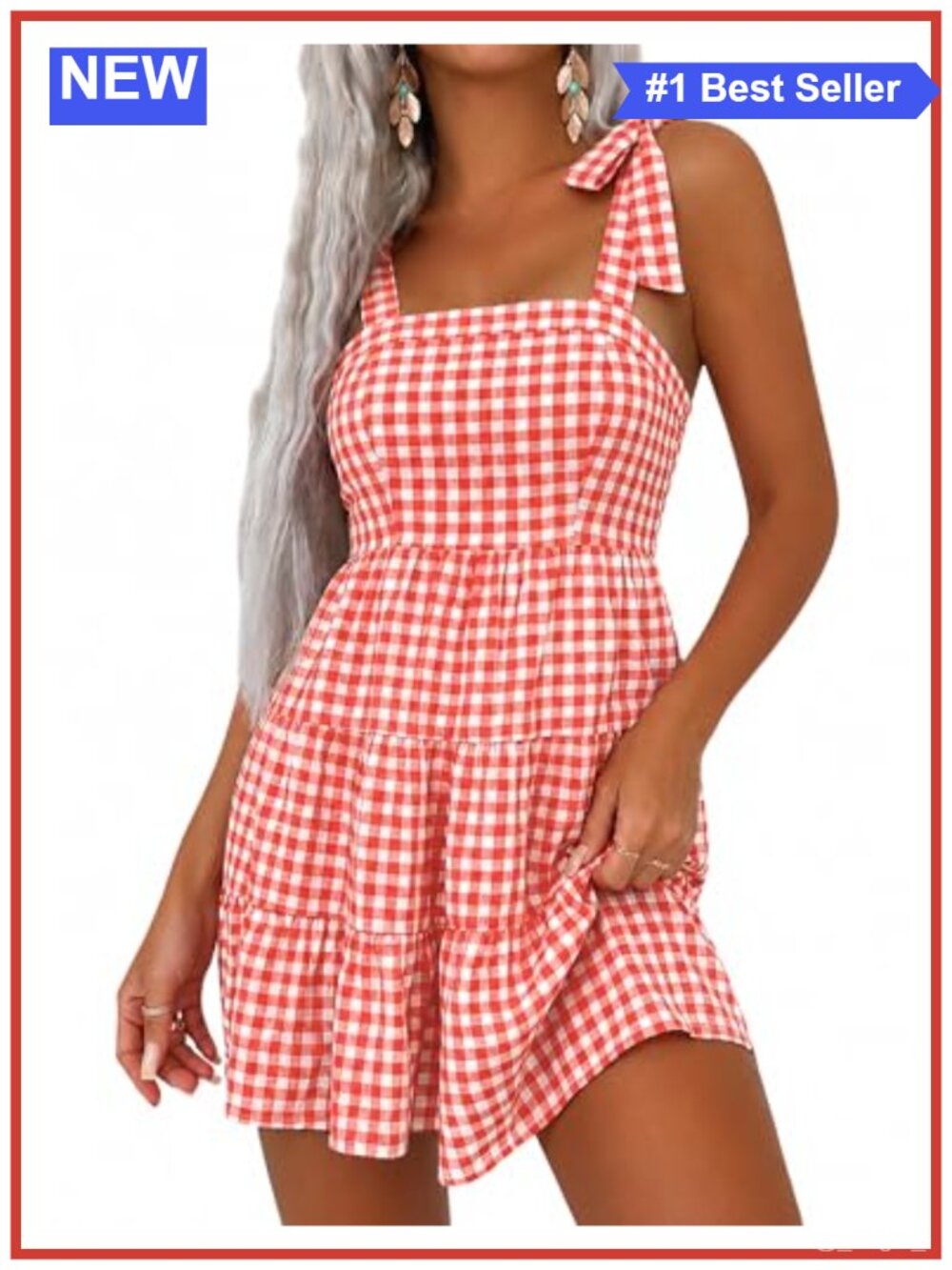 Gingham Mini Dress Tie Shoulder Square Neck Tiered Flowy Sundress